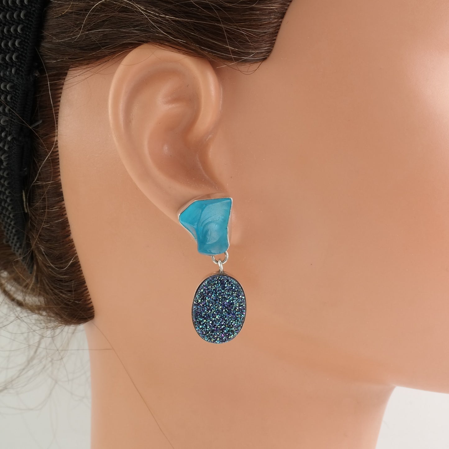 Sterling Silver Blue Stone, Druzy 14k Gold Post Earrings Stud, Dangle