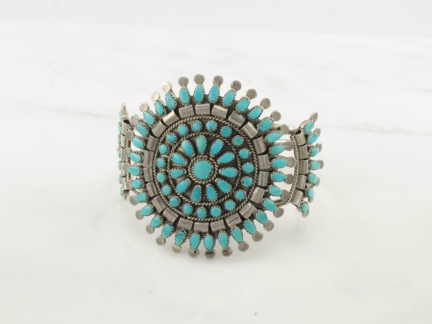 Native American Zuni Sterling Silver Cuff Bracelet Blue Turquoise Cluster