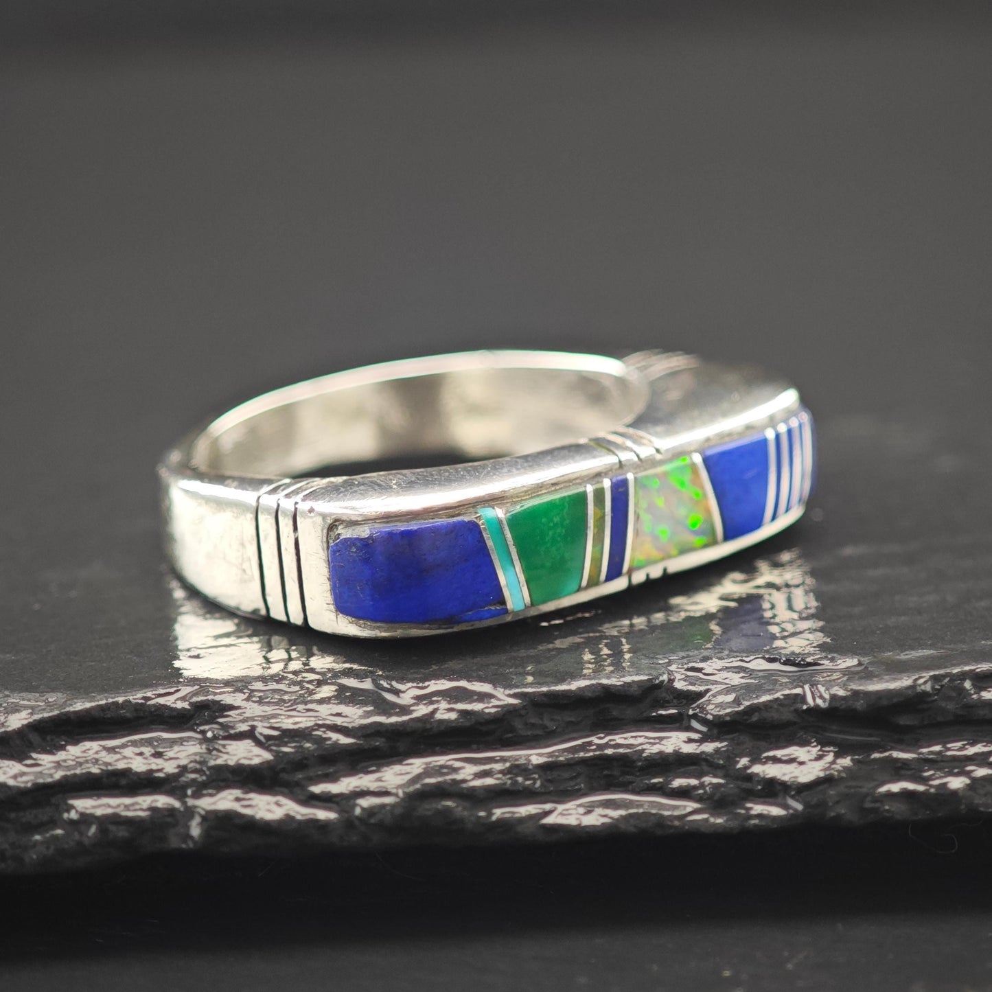 Native American Lapis, Turquoise, Lab Opal Inlay Ring Sterling Silver