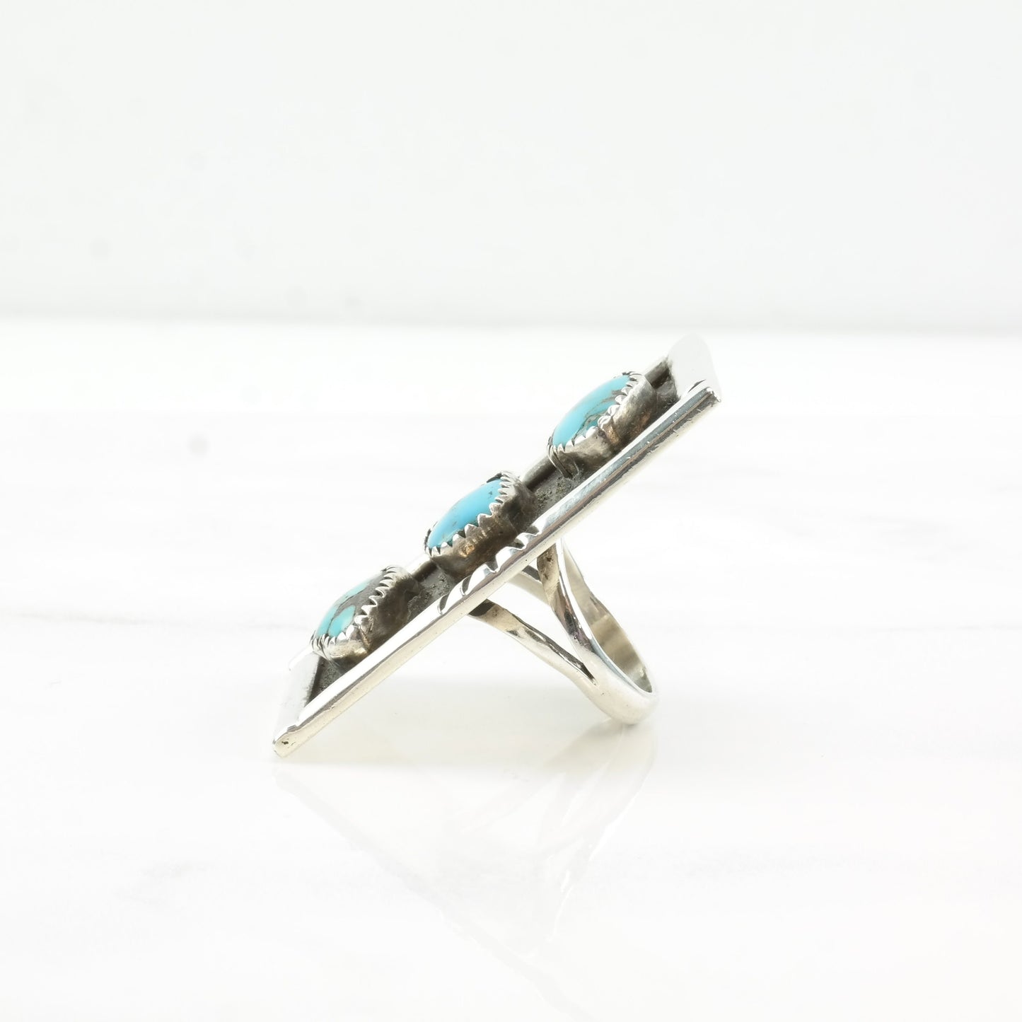Vintage Native American Silver Ring Turquoise Three Stone Shadowbox Long Rectangle Sterling Size 5 1/4