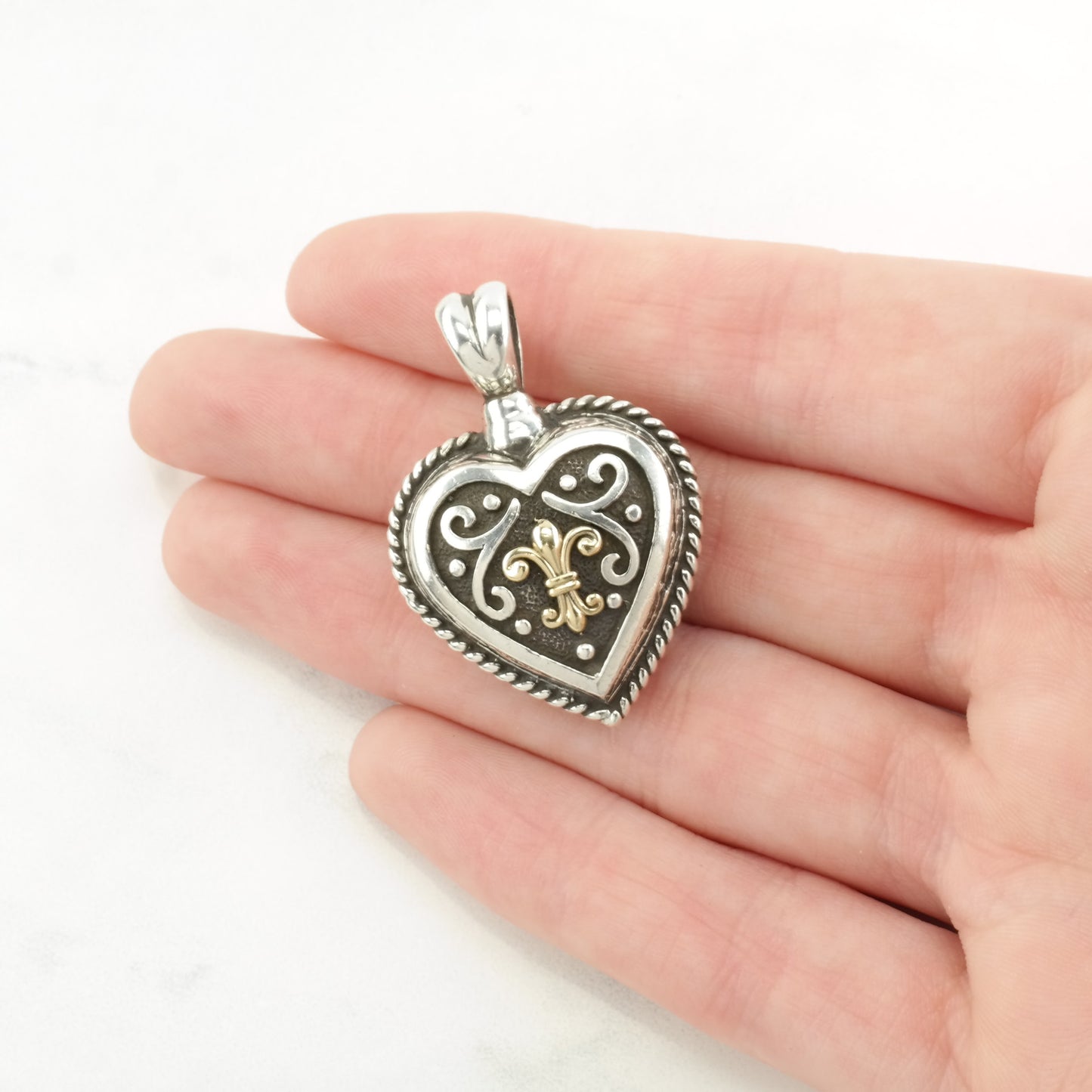 Vintage Fleur De Lis, Heart 14K Gold Accents Sterling Silver Pendant