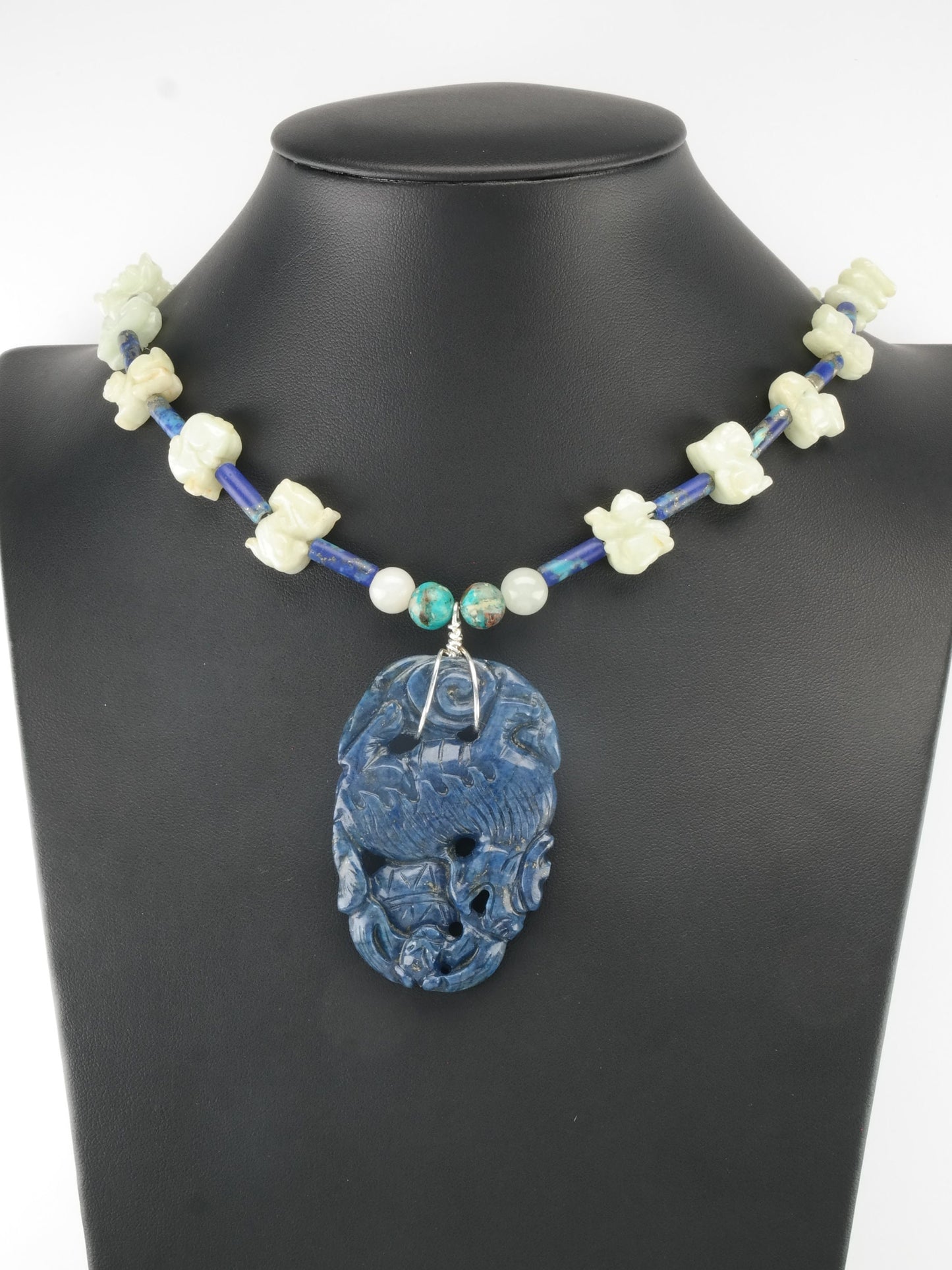 Vintage Sterling Silver & Jade Necklace | Carved Lapis Lazuli Dragon Pendant | White Jade Beads | Boho Chic | 24"