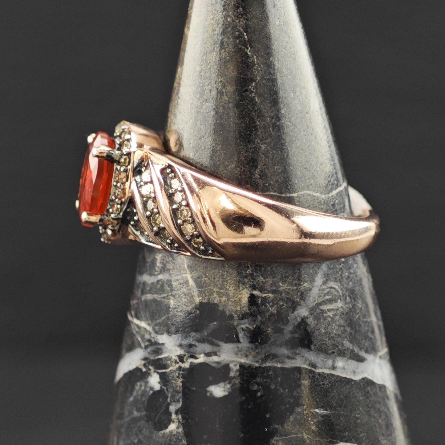 Fire Opal Brown Diamond 14K Rose Gold Plated Ring Sterling Silver Sz 5 R6170