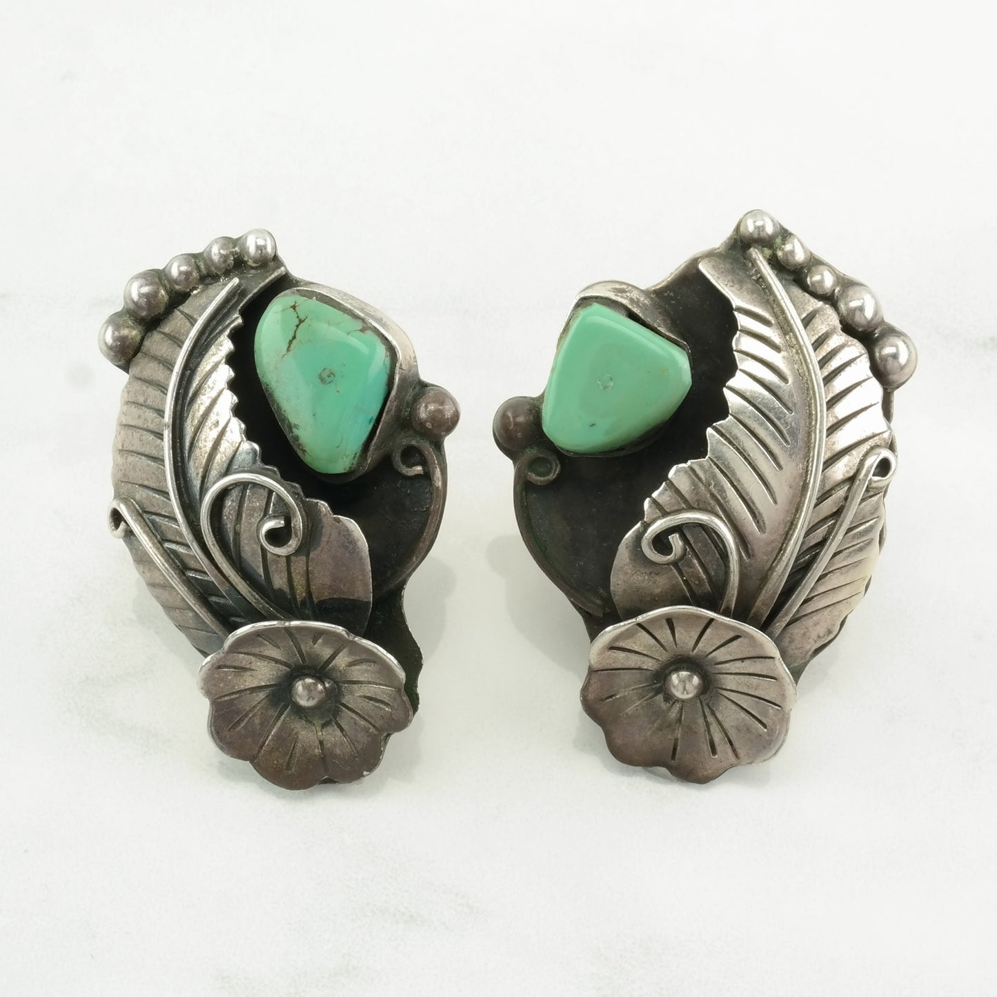 Vintage Southwest Sterling Silver Green Turquoise Flower & Feather Clip-On Earrings, 1 3/4 Inches Long