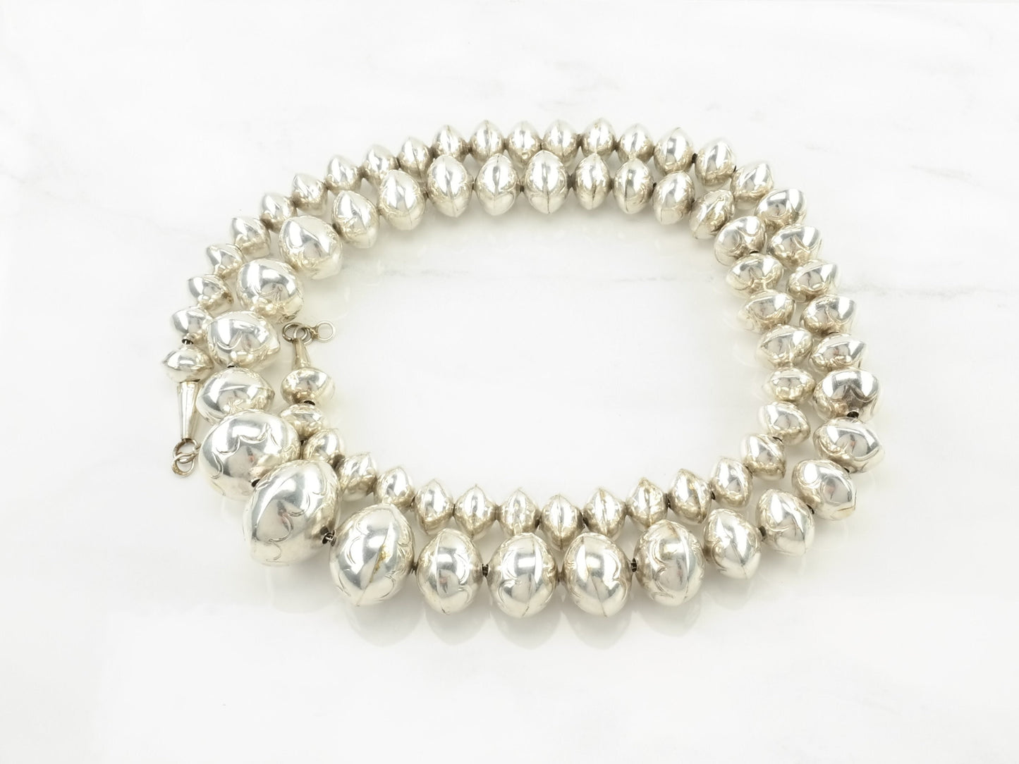 Vintage Native American Sterling Silver Hand Stamped Navajo Pearls Graduating Bead Necklace