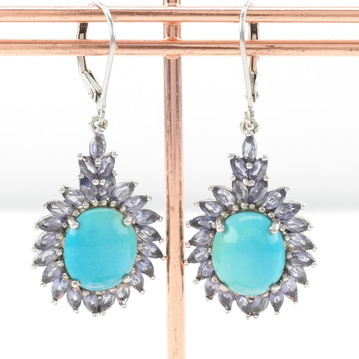 Vintage Sleeping Beauty Turquoise Sterling Silver Lever Back Earrings with Tanzanite