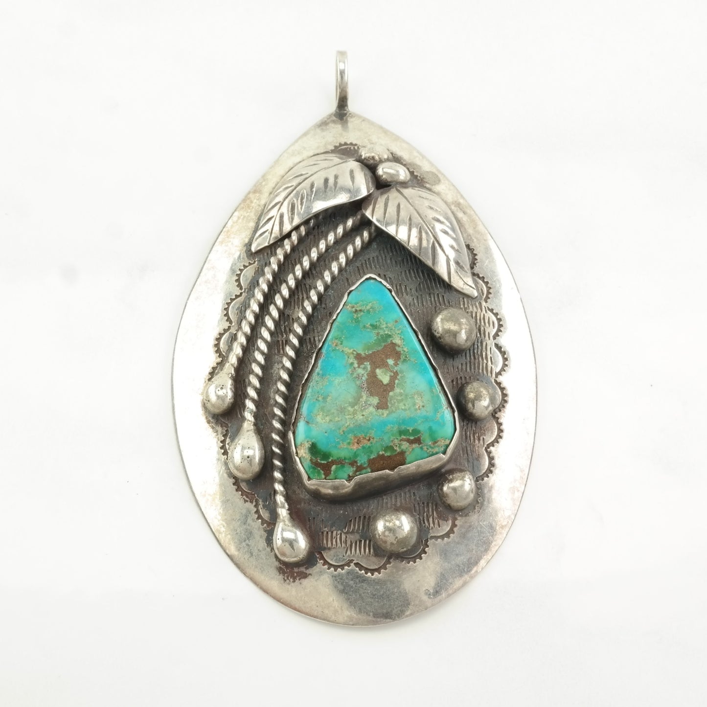 Vintage Native American Turquoise Leaf Sterling Silver Pendant