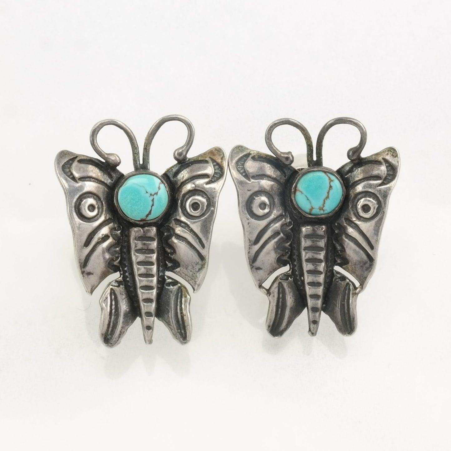Native American Sterling Silver Blue Turquoise Butterfly Earrings Screwback