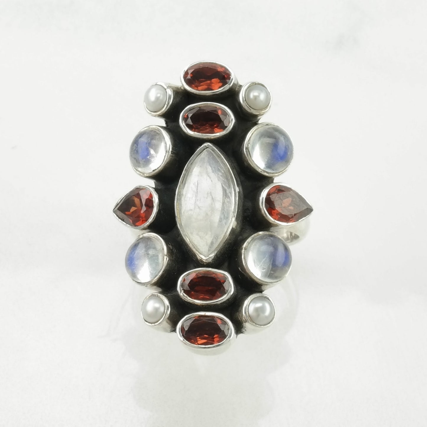 Vintage Nicky Butler Silver Ring Moonstone, Garnet Cluster Sterling Size 7 1/4