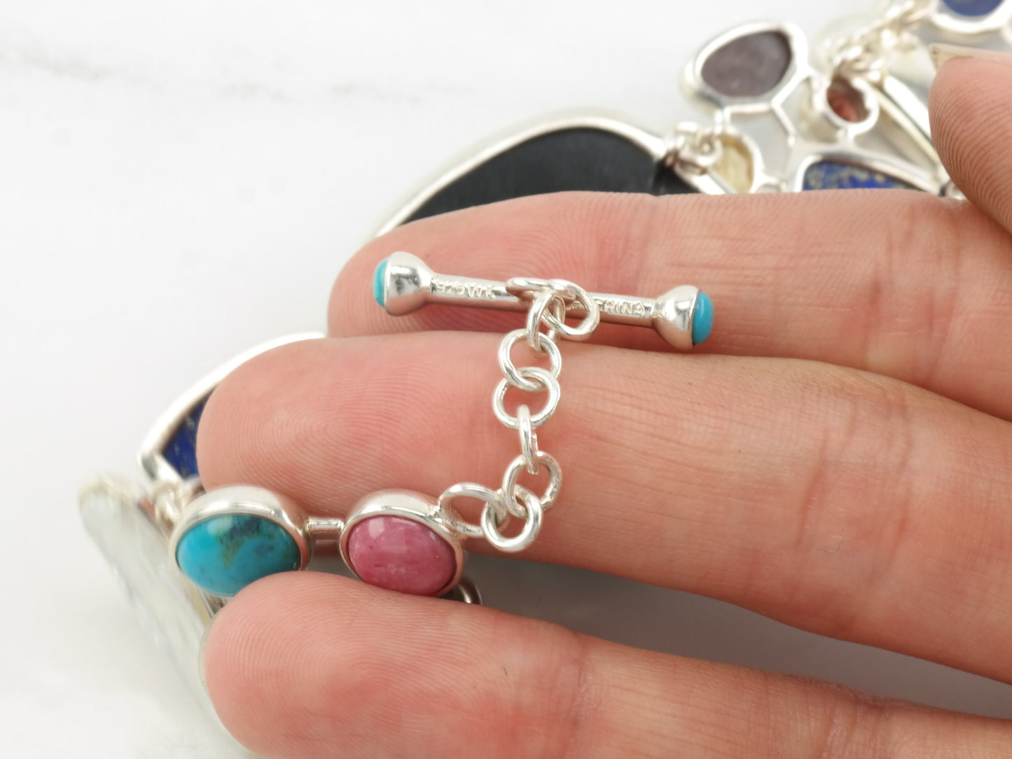 Modernist Sterling Silver Line Bracelet Multi Stone, Turquoise, Lapis Lazuli, Opal