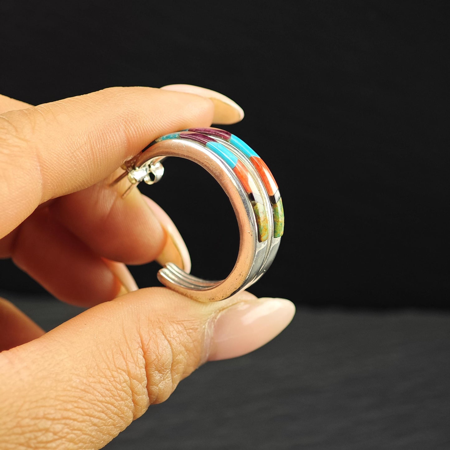 Southwest Turquoise, Coral Inlay Stud/Hoop Earrings Sterling Silver