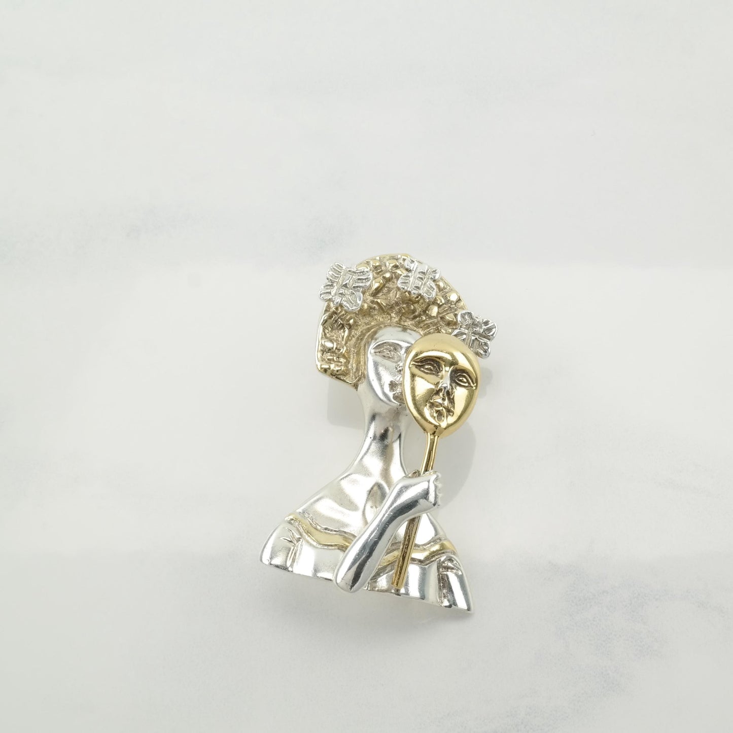 Sergio Bustamante Brooch Sterling Silver Female Mask Silver Gold Tone Madame Butterfly