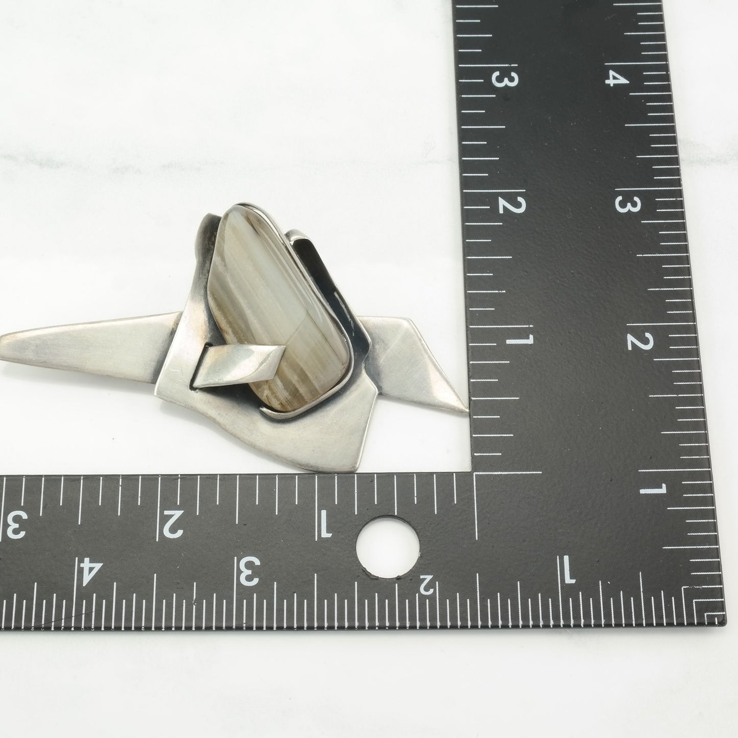 Mid-Century Modern Sterling Silver Brooch, Agate, Abstract Design, Signed RWW, B1535