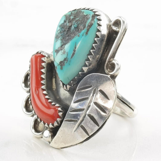 Vintage Native American Ring Turquoise, Coral Feather Sterling Silver Size 5 1/2
