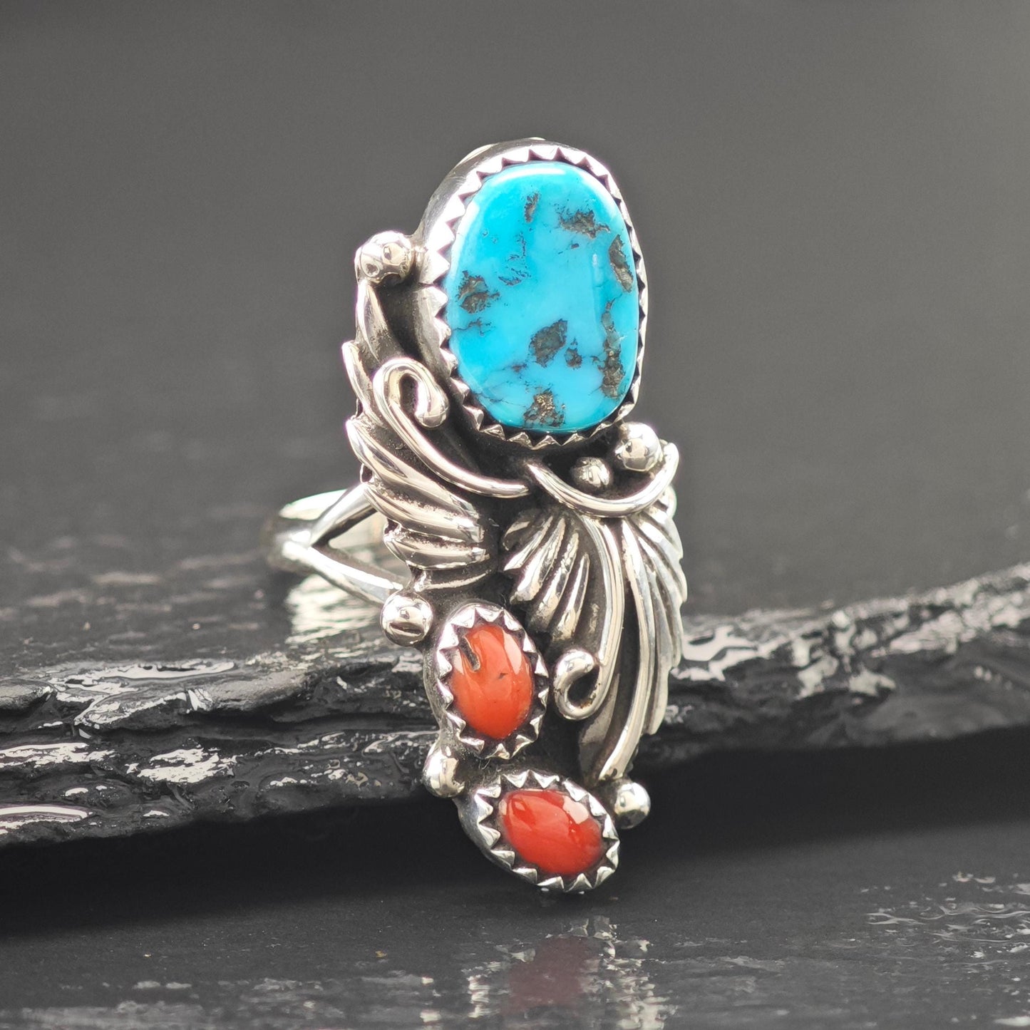 Native American Turquoise, Coral Ring Sterling Silver