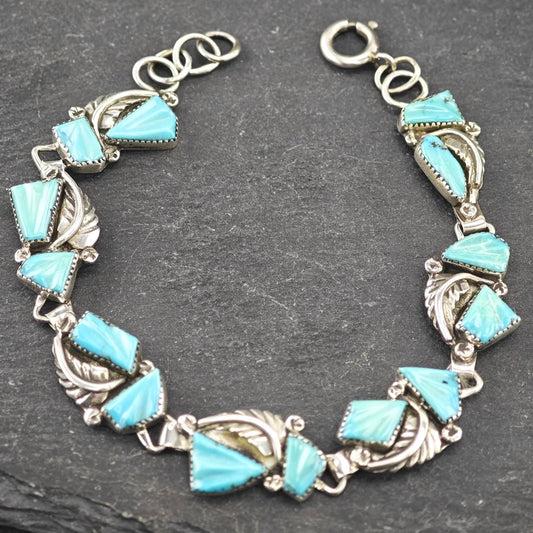 Zuni, Native American Carved Turquoise Bracelet Sterling Silver