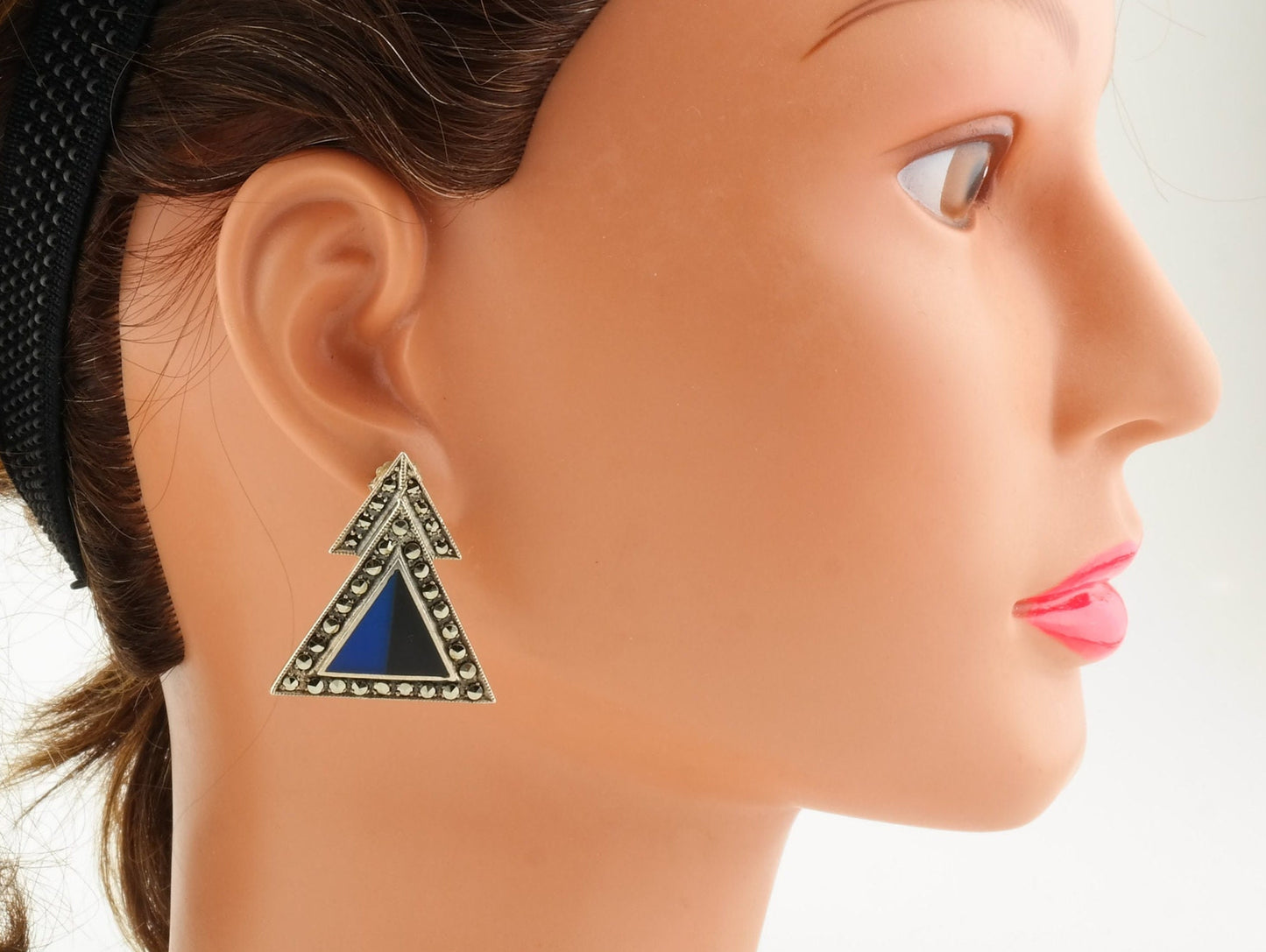 Geometric Sterling Silver Blue Black Enamel Marcasite Earrings