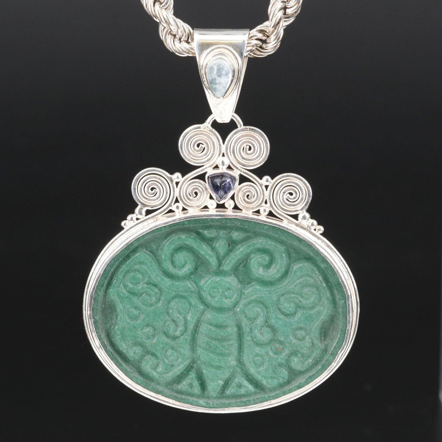 Carved Jade Butterfly Sterling Silver Pendant Sajen