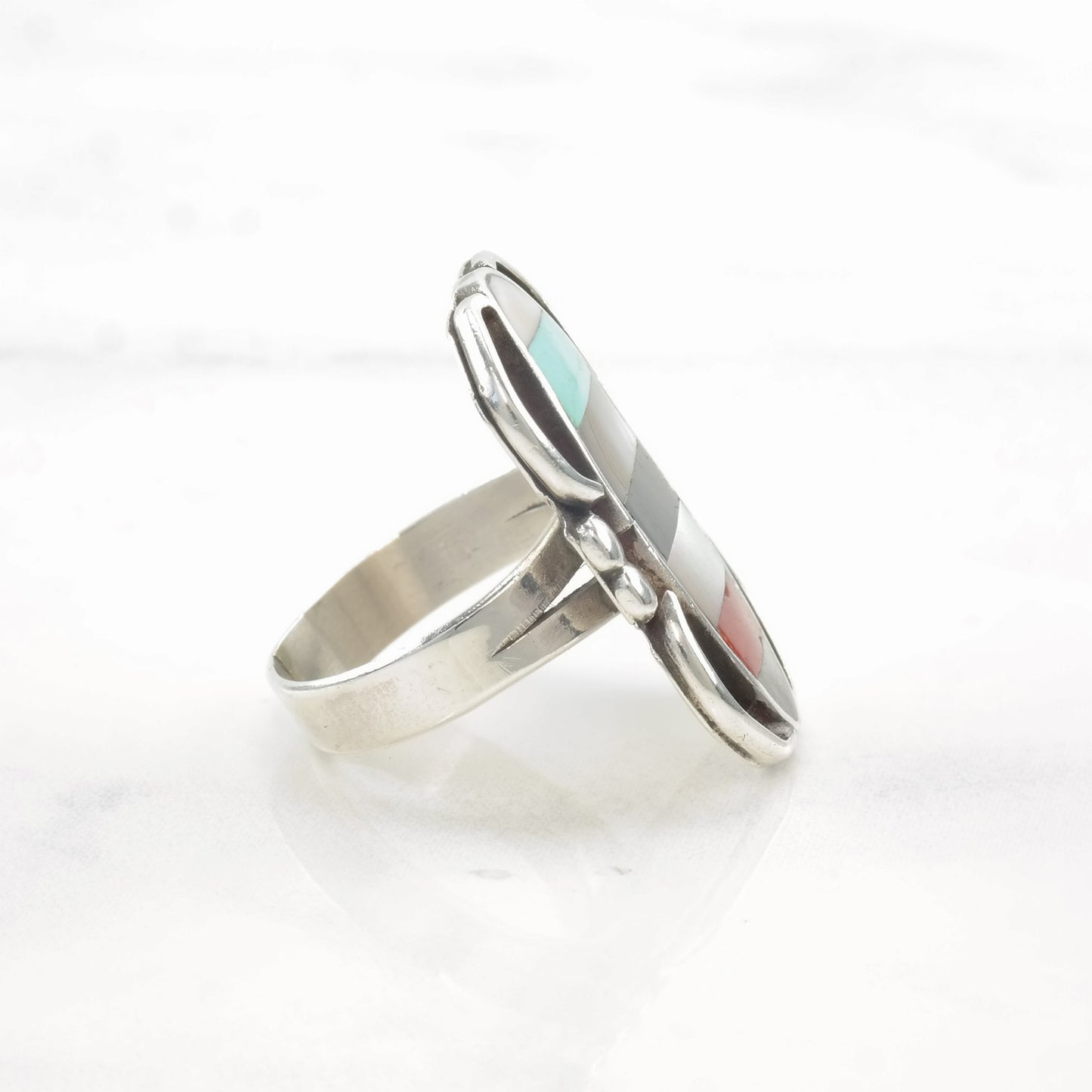 Vintage Native American Sterling Silver Ring MOP, Multi Gem Inlay Size 5 3/4