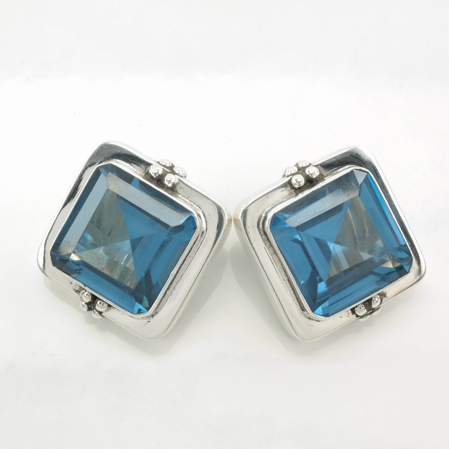 Modernist Sterling Silver Blue Large, Topaz Square Earrings Clip on
