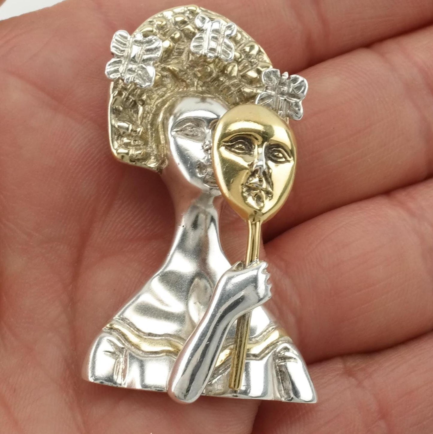 Sergio Bustamante Brooch Sterling Silver Female Mask Silver Gold Tone Madame Butterfly