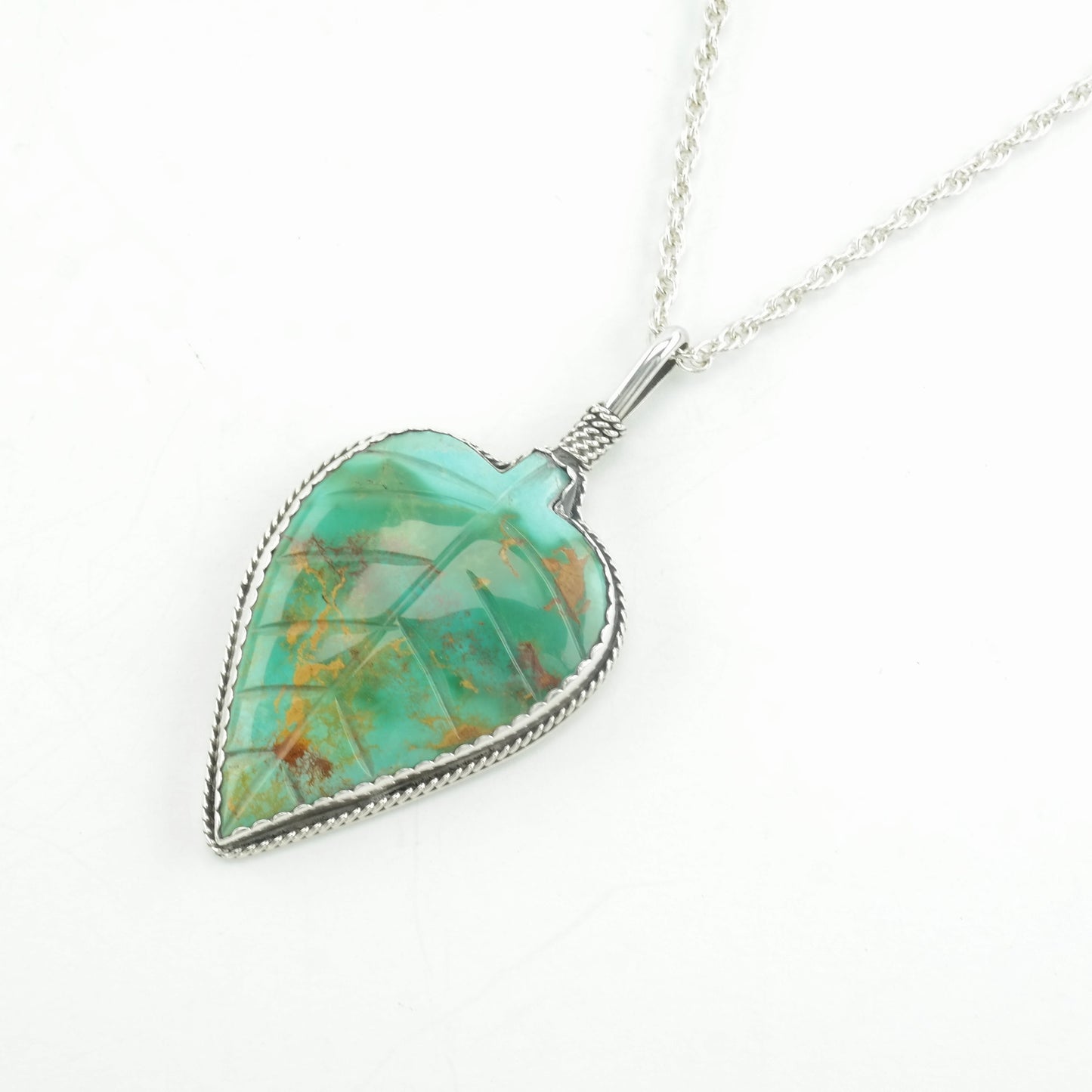 Carved Turquoise Leaf Native American Necklace Sterling Silver Royston