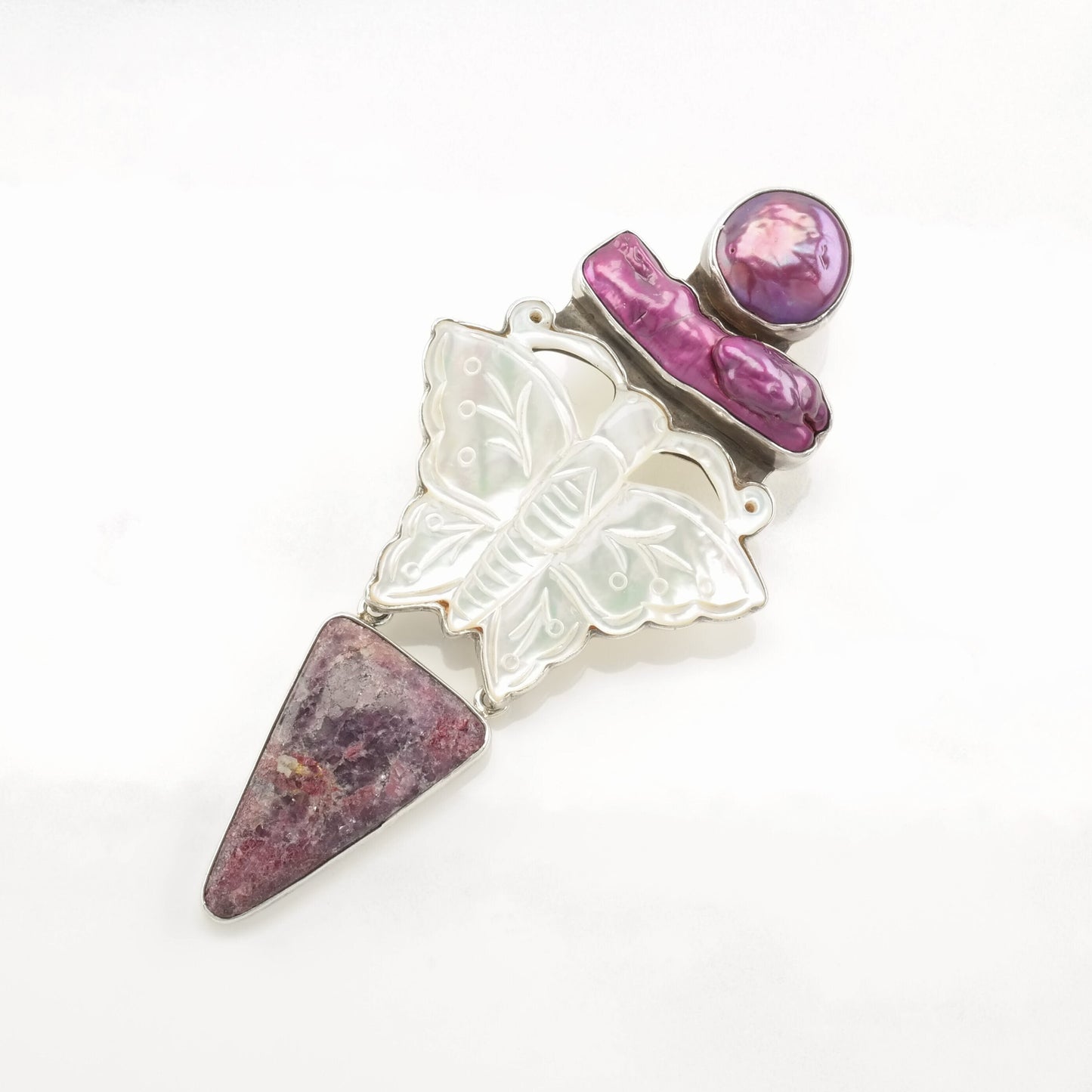 Vintage AKR Sterling Silver, Carved Mother-of-Pearl Butterfly, Sugilite, and Freshwater Pearl Pendant, Designer Signed, Statement Pendant