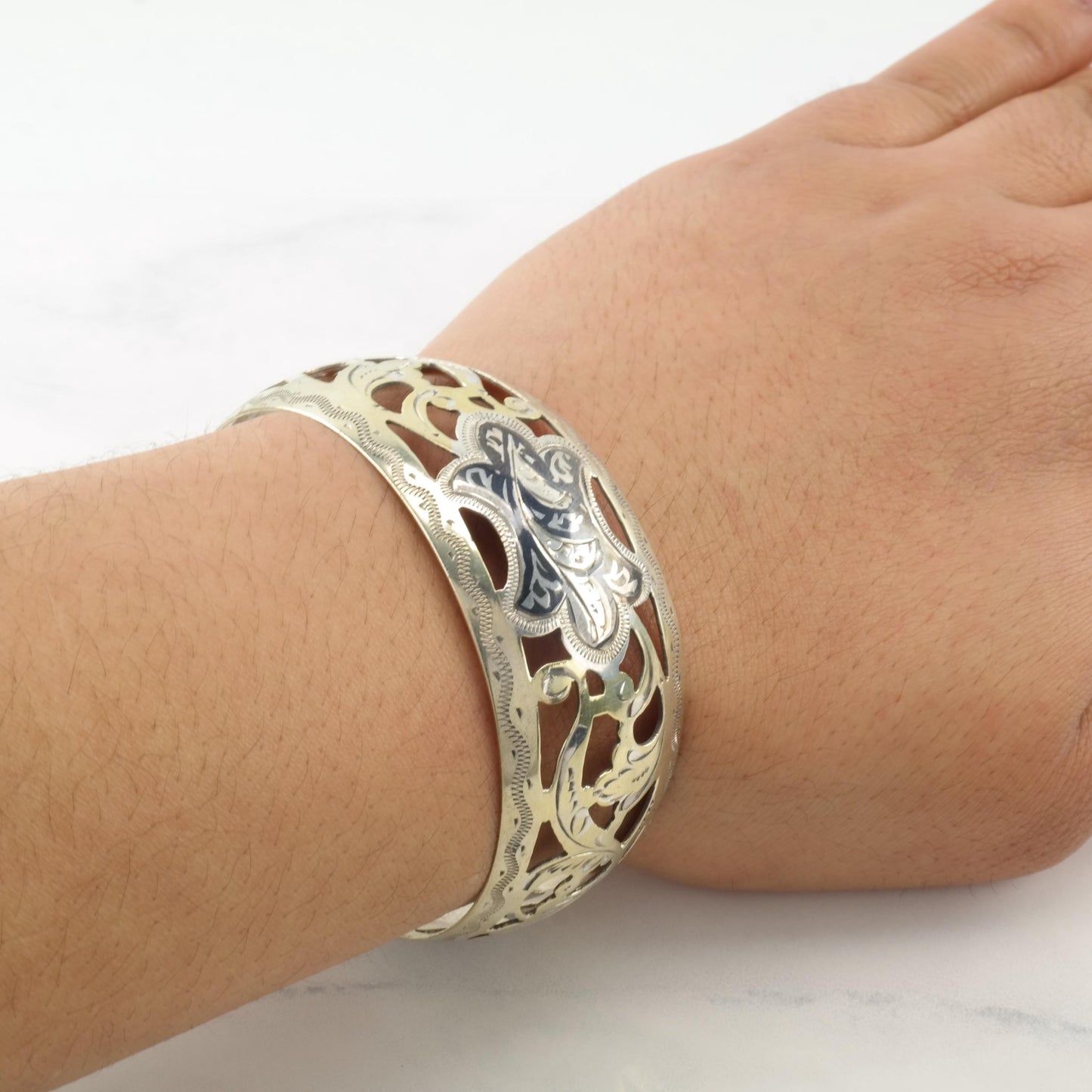 Niello Kubachi  Gold Gilded Filigree, USSR Sterling Silver Cuff Bracelet