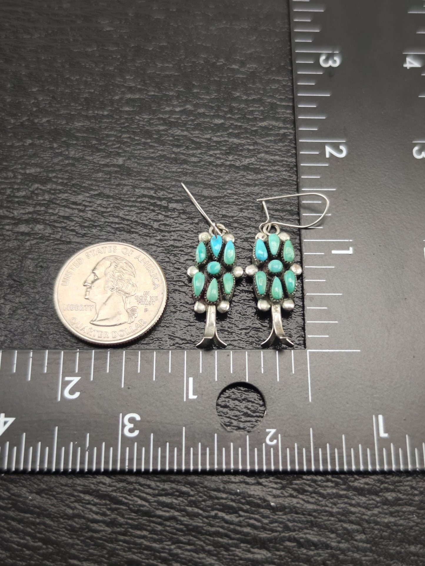 Zuni, Raynold Lonsee Floral Turquoise Kidney Wire Earrings Sterling Silver