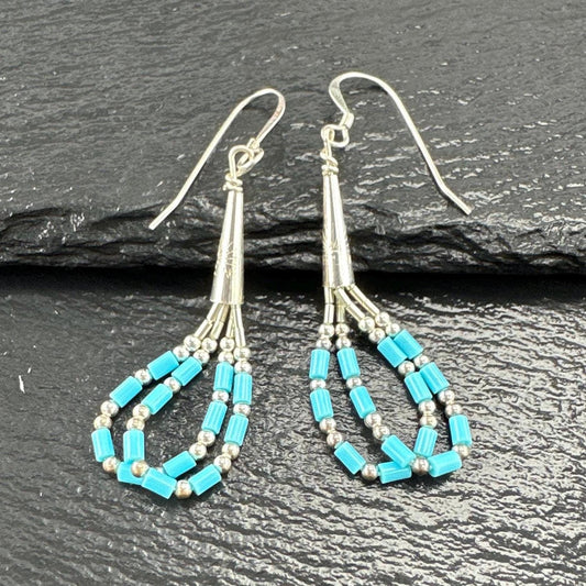 Southwestern Blue Block Liquid Turquoise Bead Earrings Sterling Silver Dangle Fish Hook