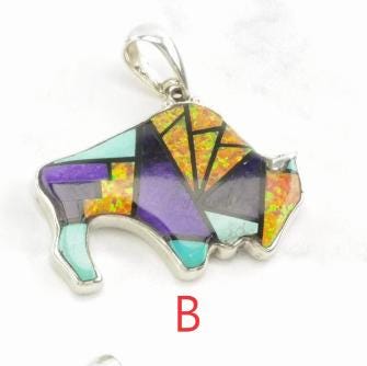 Vintage Southwest Lab Opal, Multi Gem Inlay, Bear, Buffalo, Reversible Sterling Silver Pendant