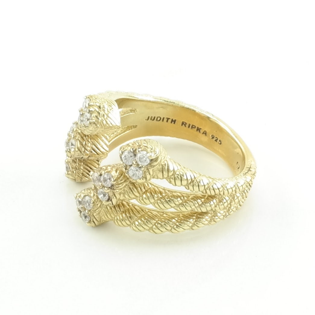 Vintage Judith Ripka Silver Ring DQCZ, Hearts Gold Plated Sterling Size 7