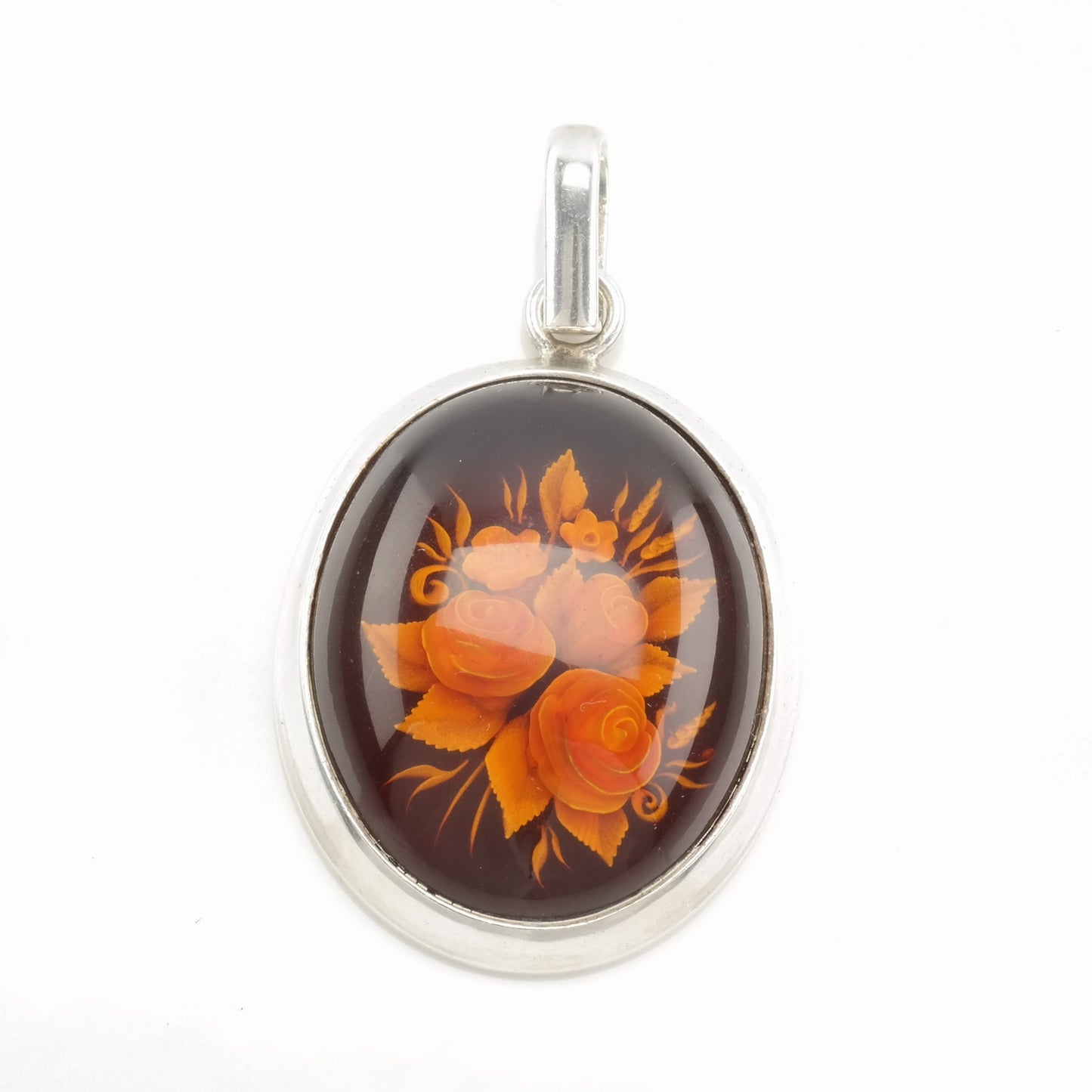 Vintage European Amber, Carved Flower, Intaglio Sterling Silver Pendant