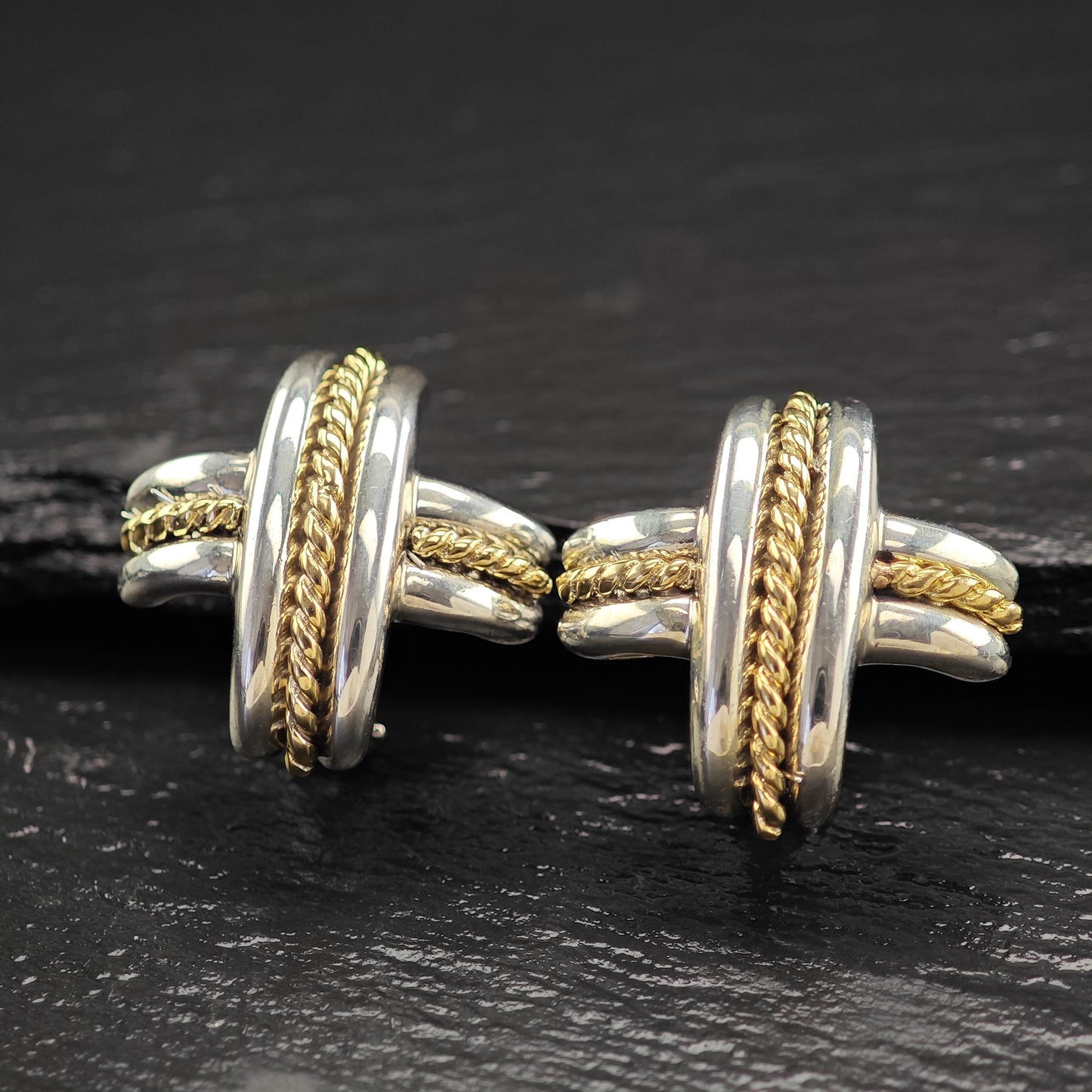 Tiffany Gold Cross, X 18k Gold Accent, Two Tone Omega Back Earrings Sterling Silver