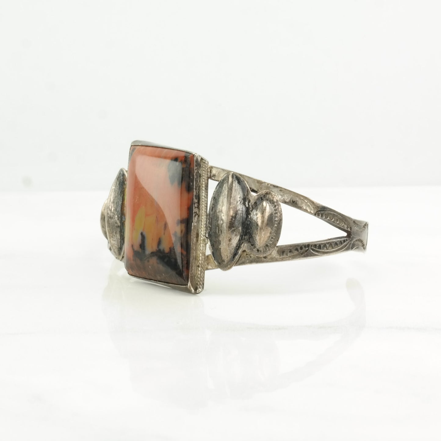 Fred Harvey Era Sterling Silver Cuff Bracelet Orange Petrified Wood