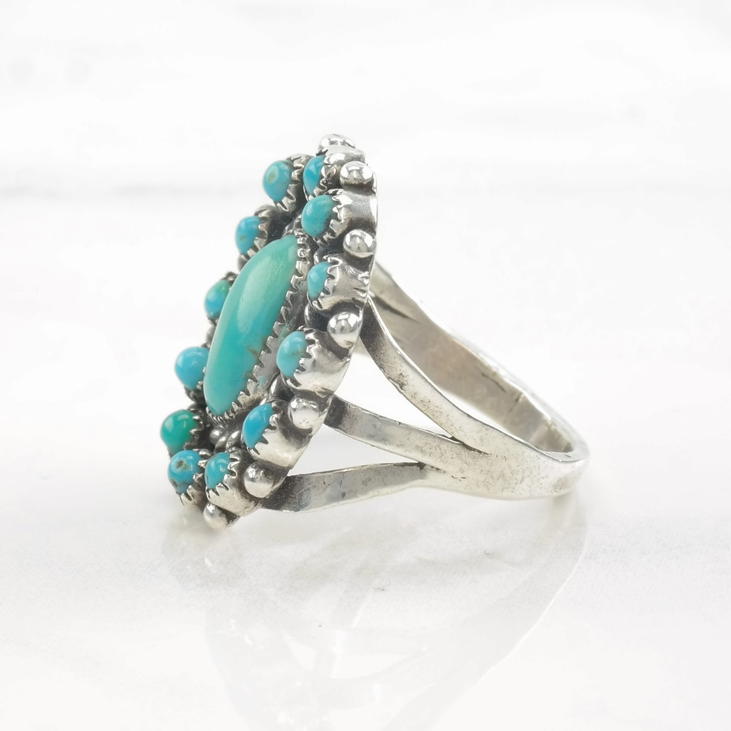 Vintage Native American Ring Turquoise Cluster Sterling Silver 5 3/4