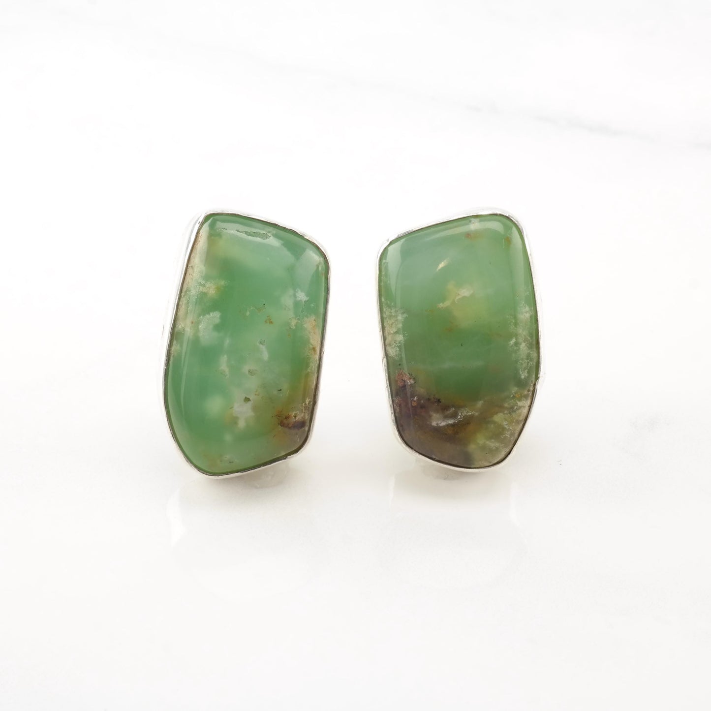 Vintage Southwest Green, Brown Chrysocolla, Gem Silica Sterling Silver Clip On Earrings