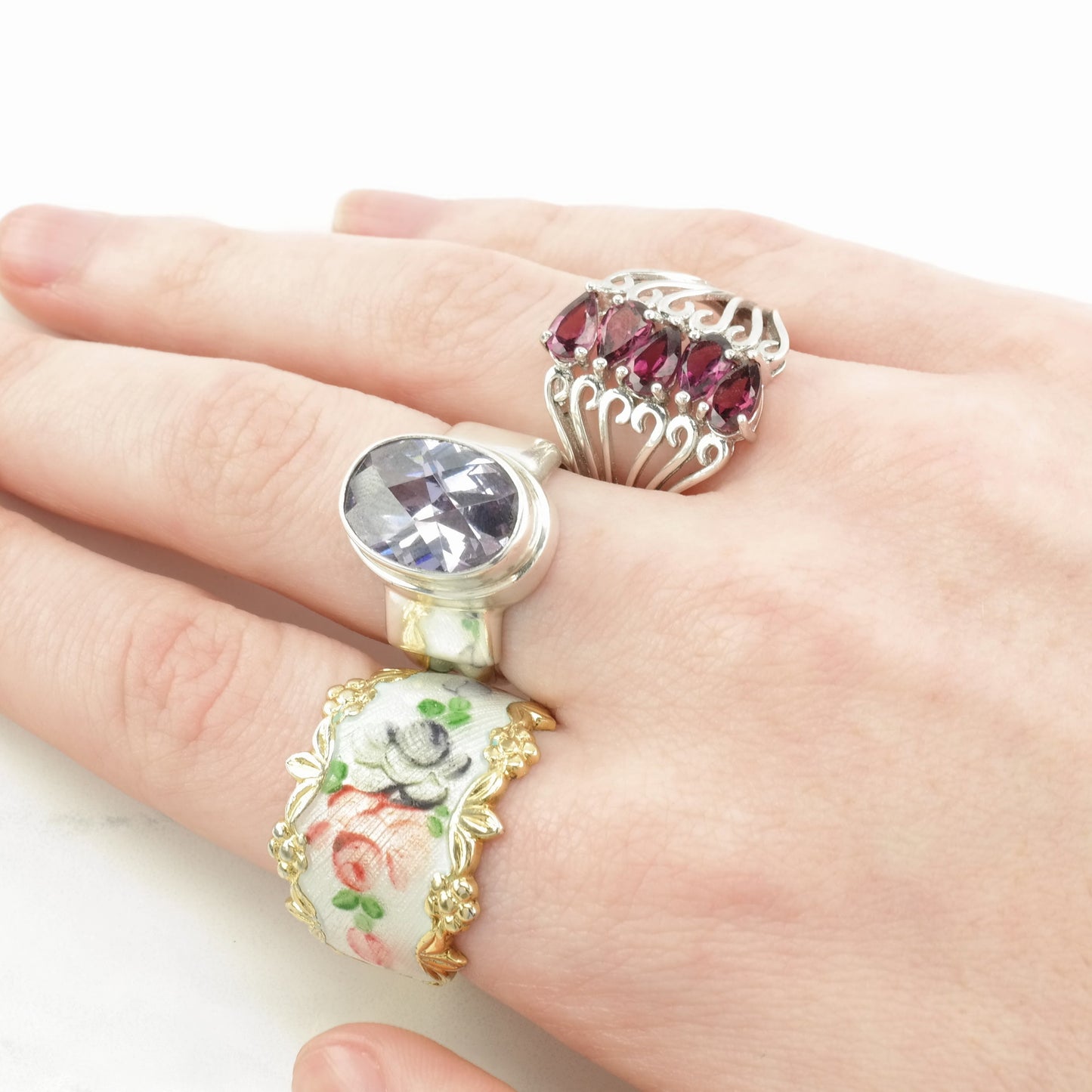 Vintage Sterling Silver Ring Garnet Pink Size 7