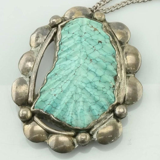 Vintage Native American Sterling Silver Blue Spiderweb Carved Turquoise Leaf Necklace