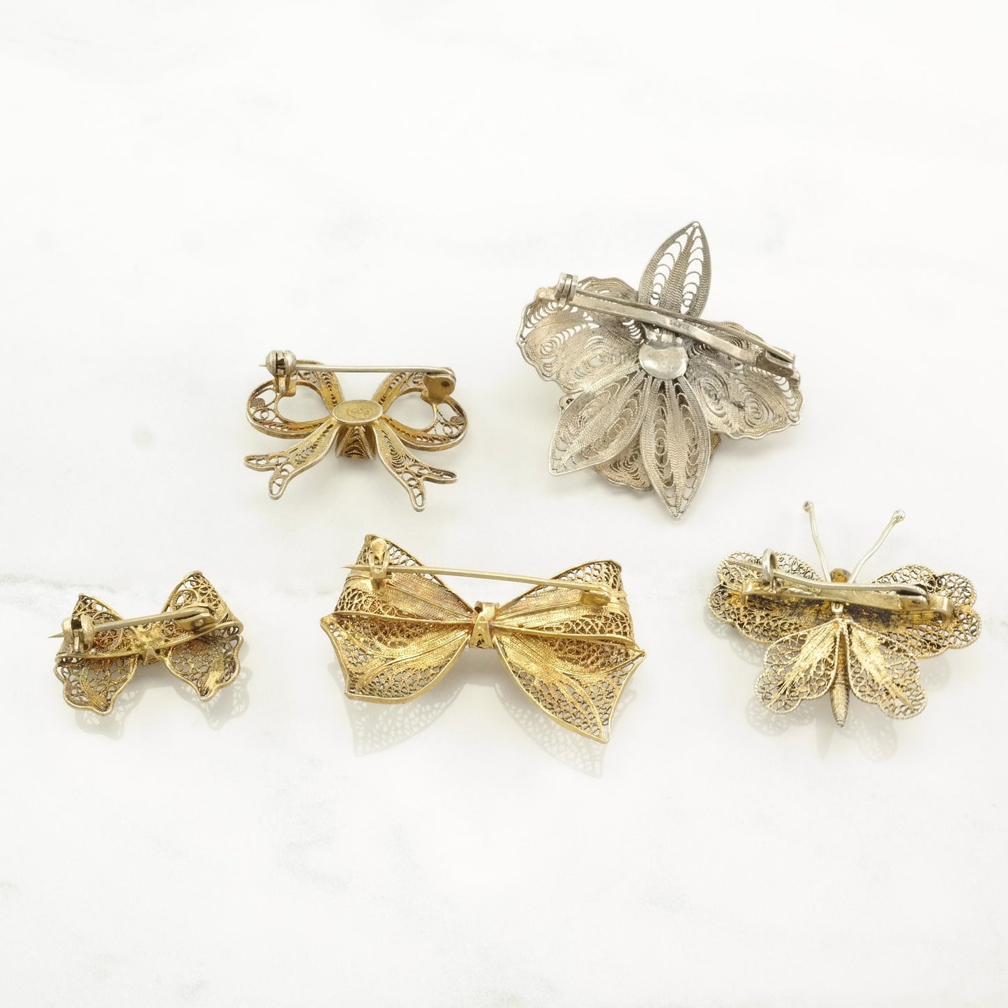 Vintage Brooch Floral, Bow, Butterfly Filigree, Gold Hue Sterling Silver B1728