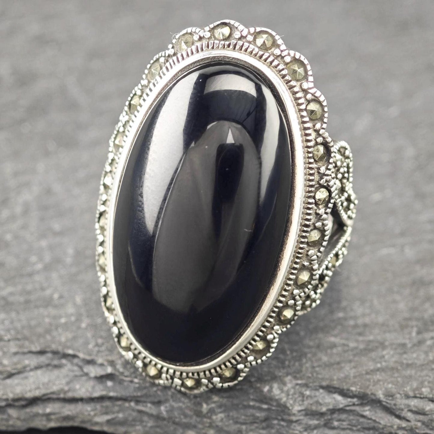 Vintage Black Onyx, Oval Ring Sterling Silver