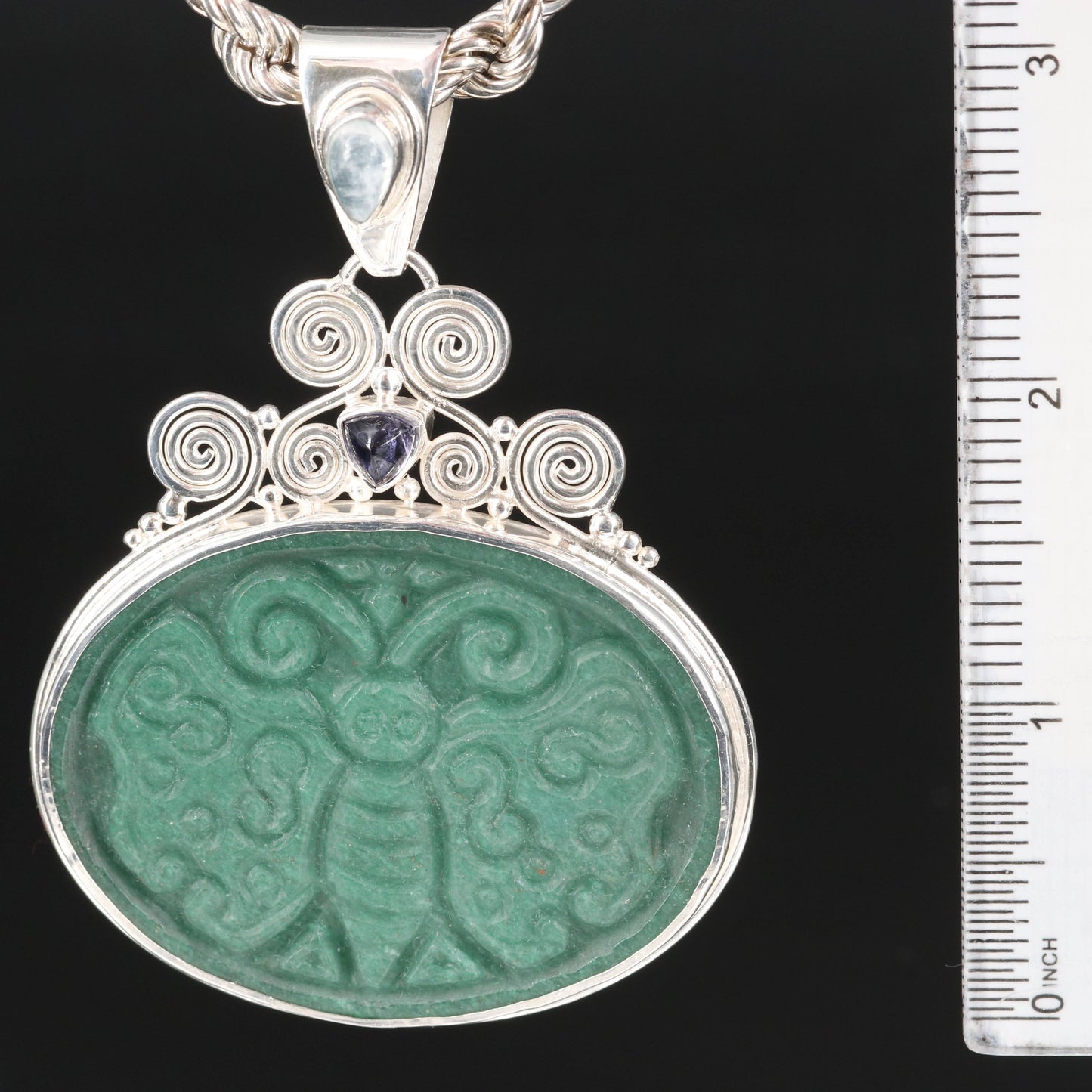 Carved Jade Butterfly Sterling Silver Pendant Sajen