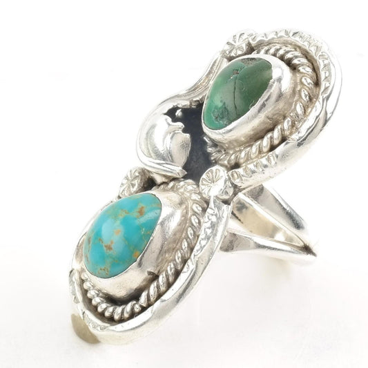Vintage Native American Silver Ring Two Turquoise Leaf Size 6 3/4
