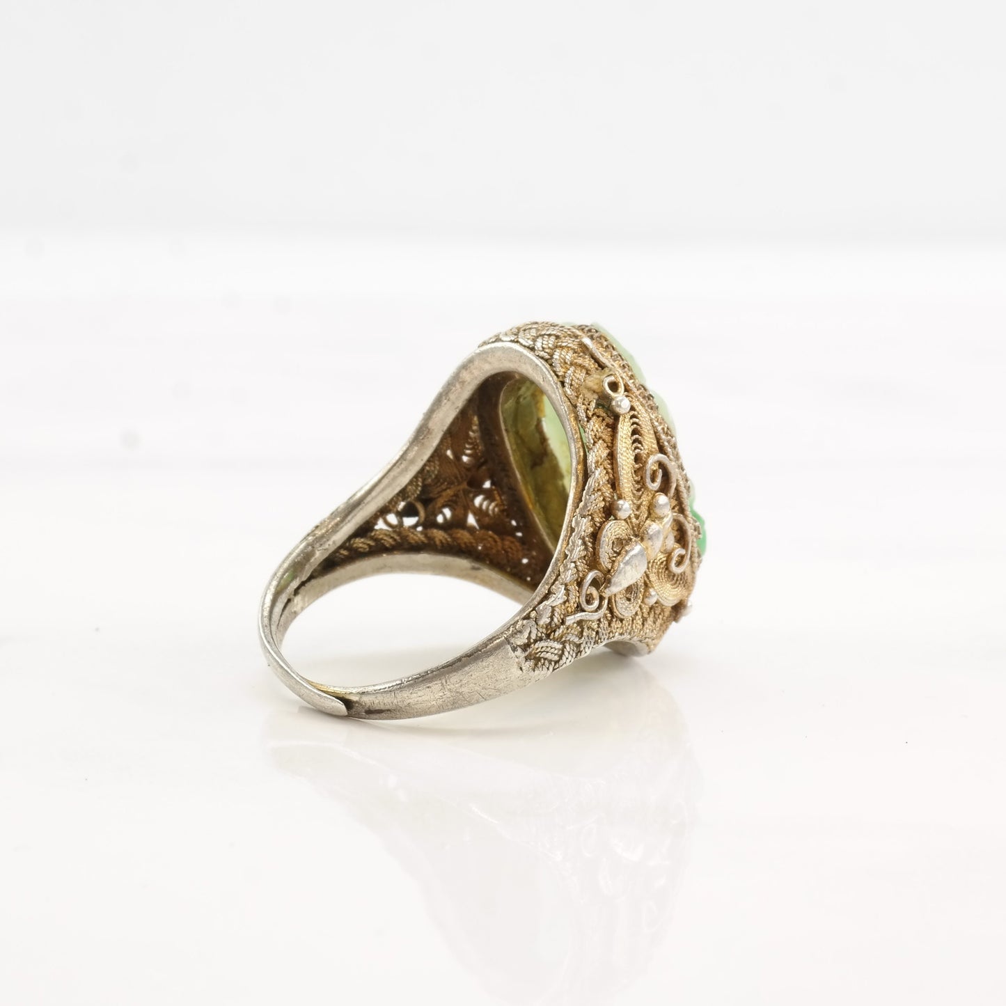 Vintage China Silver Ring Jadeite Carved Flower Gold Filled Filigree Sterling Size 7 3/4