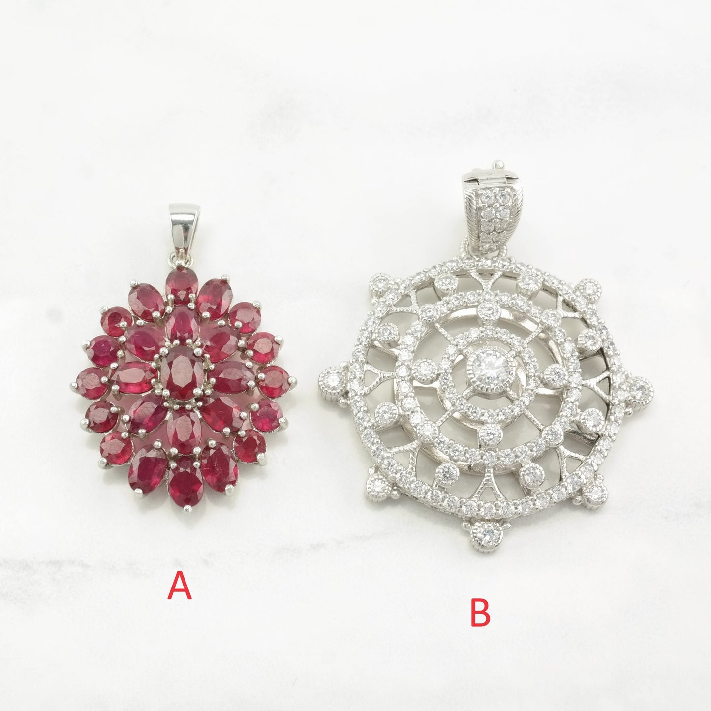 Vintage Ruby, CZ Cluster Sterling Silver Pendant
