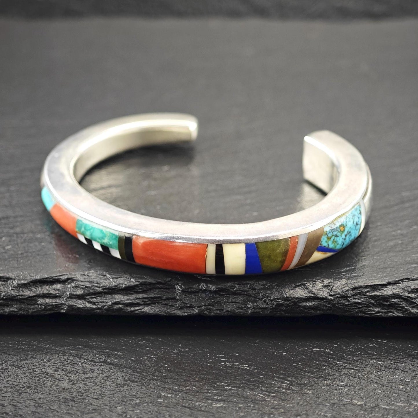 Signed Native American Inlay, Cuff Bracelet Sterling Silver