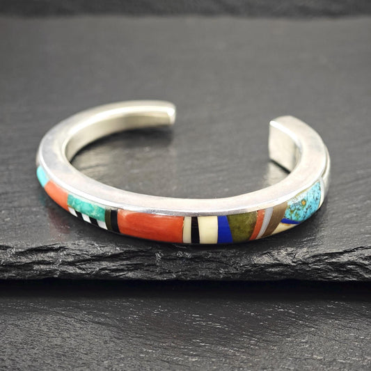 Signed Native American Inlay, Cuff Bracelet Sterling Silver