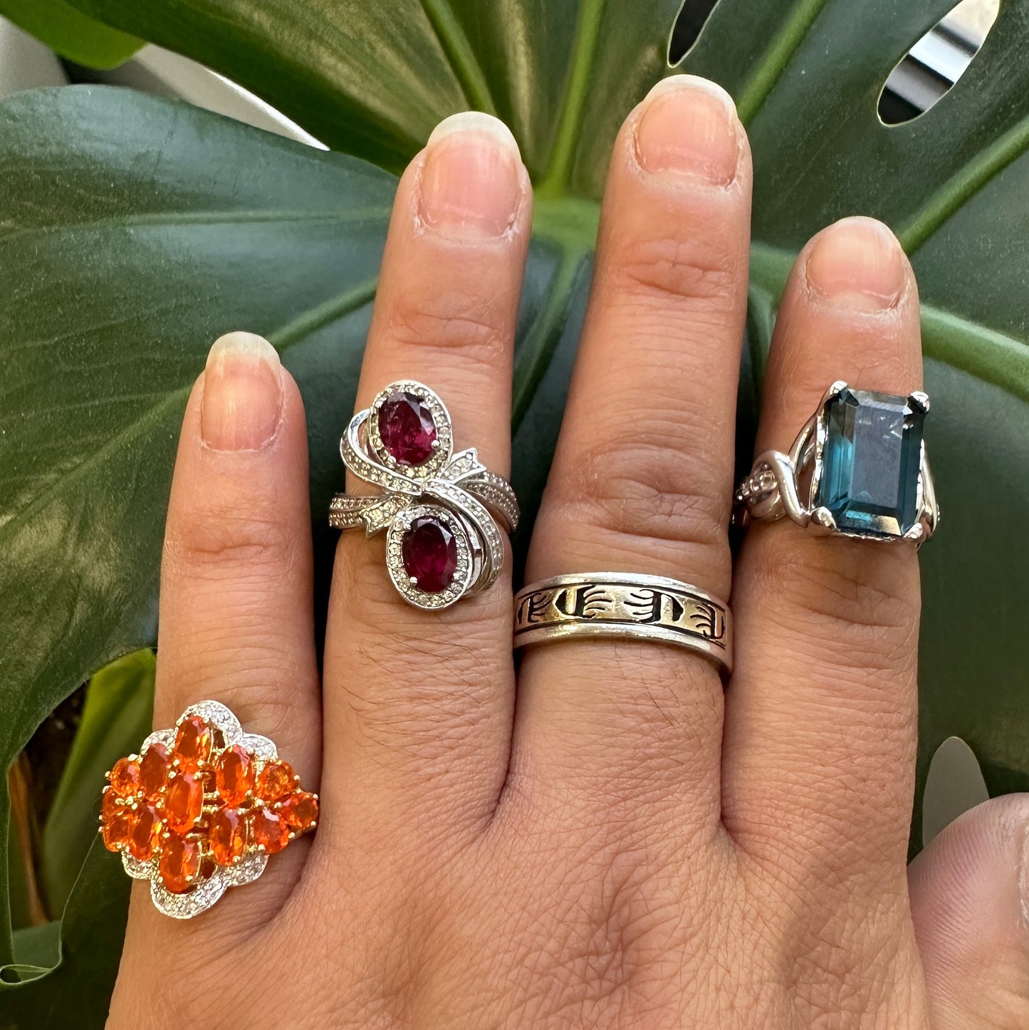 Vintage Sterling Silver Ring, Garnet White Zircons Ribbon Pink Size 5