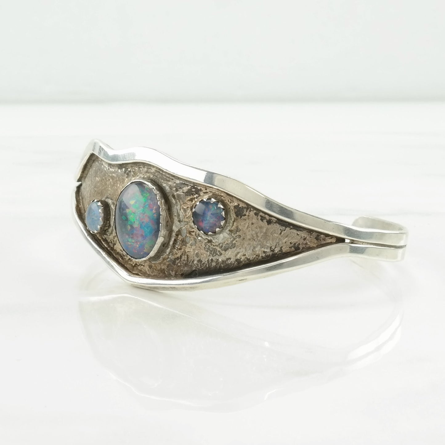 Vintage Sterling Silver Cuff Bracelet Purple Black Opal Triplet