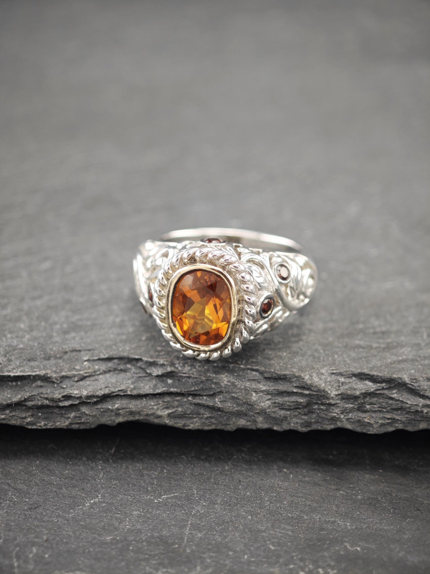 Citrine, Garnet, Gold Bezel Ring Sterling Silver